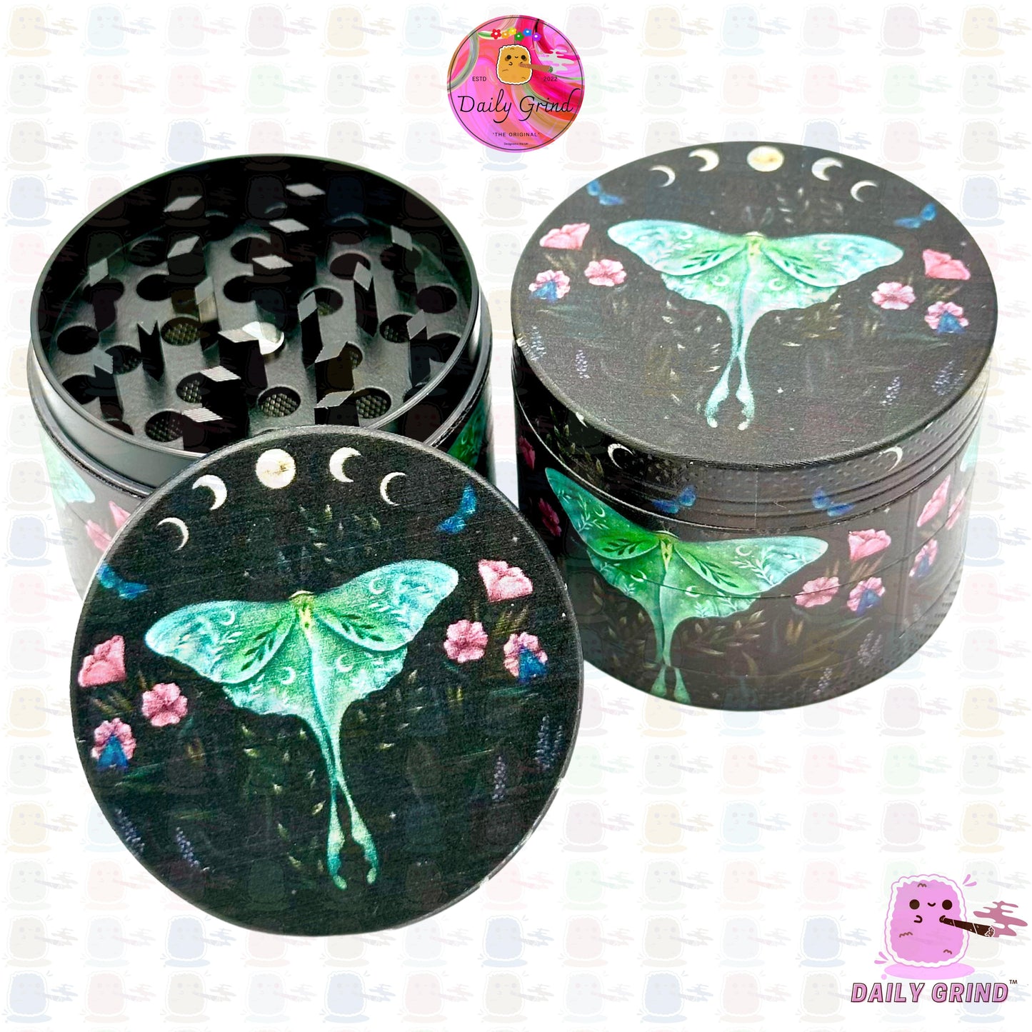 Lunar Moth Flowers Dark Night Moon Cycle - Molinillo de hierbas de metal de alta calidad, 50 mm, 4 piezas, regalo