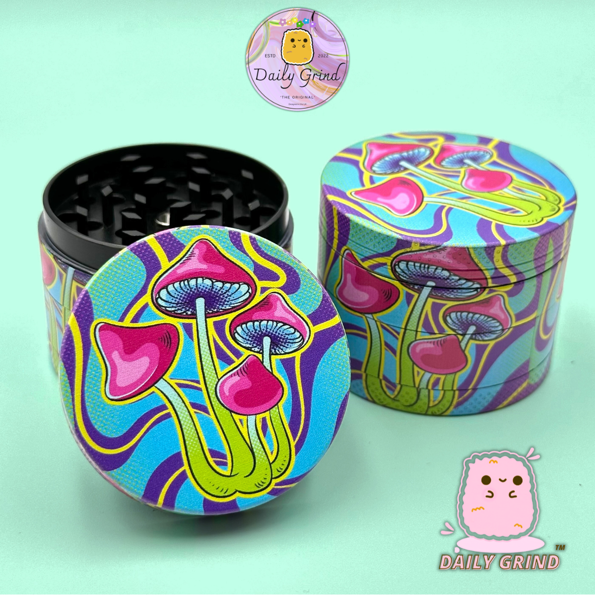 Neon Mushroom Trippy Tie Dye - 50mm 4-Piece High Quality Custom Metal Tobacco Herb Grinder Gift Idea