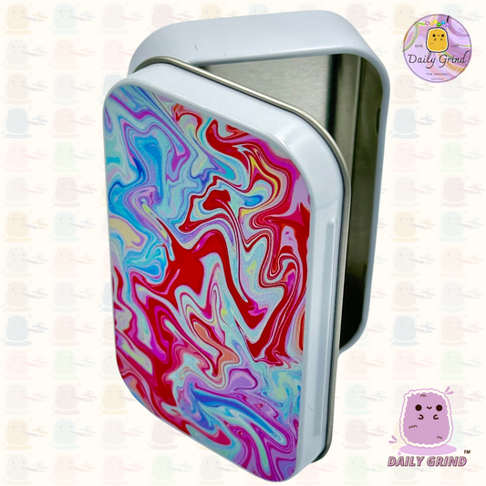 Metal líquido Pastel Tie Dye Colorido Rojo Azul 2oz Blanco Tabaco / Píldora / Baccy Stash Monedas Cristales Joyería Bisagra Tapa Lata Regalo