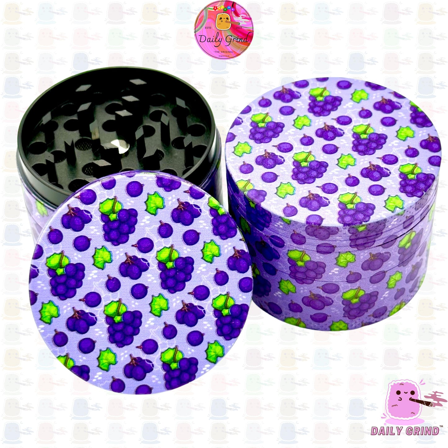 Caramelo de fruta de uva morada, dibujos animados coloridos, sabor a fruta jugosa, diseño bonito, molinillo de hierbas de Metal de alta calidad de 50mm, 4 piezas, regalo