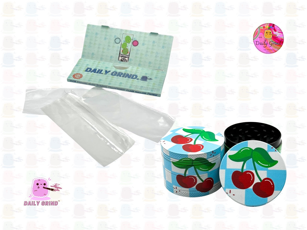 Blue Checkered Cherry Picnic - 50mm 4-Piece High Quality Custom Metal Tobacco Herb Grinder Gift Idea