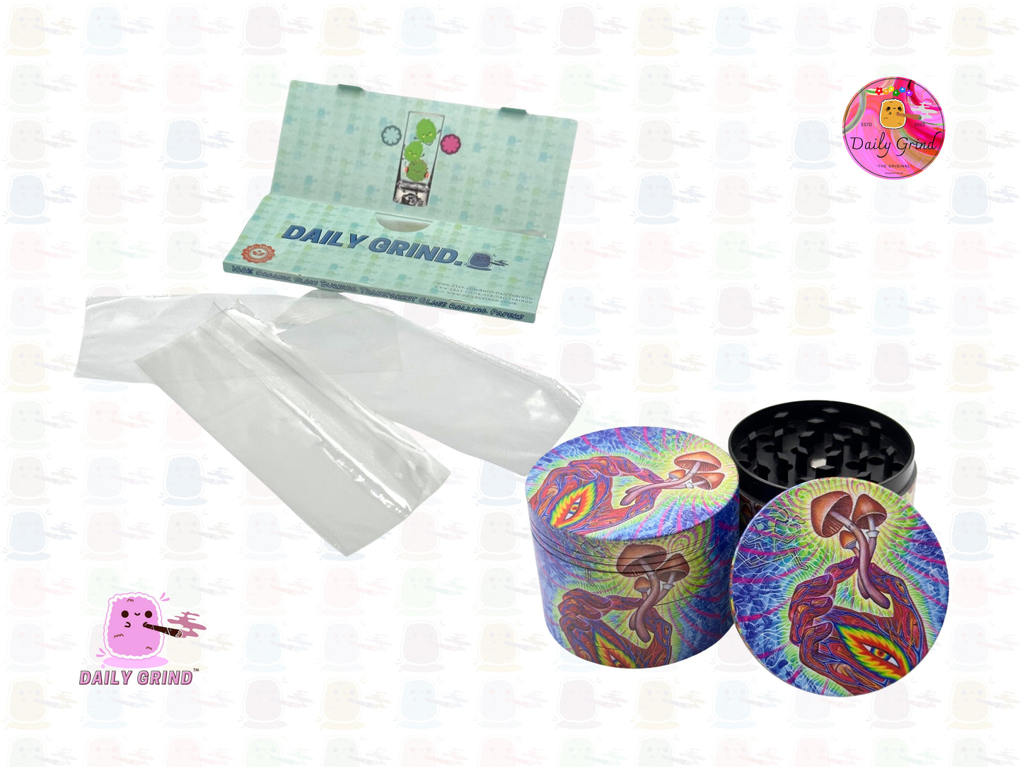 Trippy Hand Holding Mushroom - 50mm Premium 4-Piece Custom Metal Tobacco Herb Grinder Gift Idea