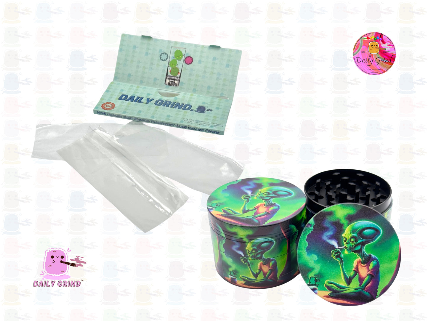 Green Alien Meditation Relaxing - 50mm Premium 4-Piece Custom Metal Tobacco Herb Grinder Gift Idea