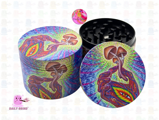 Trippy Hand Holding Mushroom - 50mm Premium 4-Piece Custom Metal Tobacco Herb Grinder Gift Idea