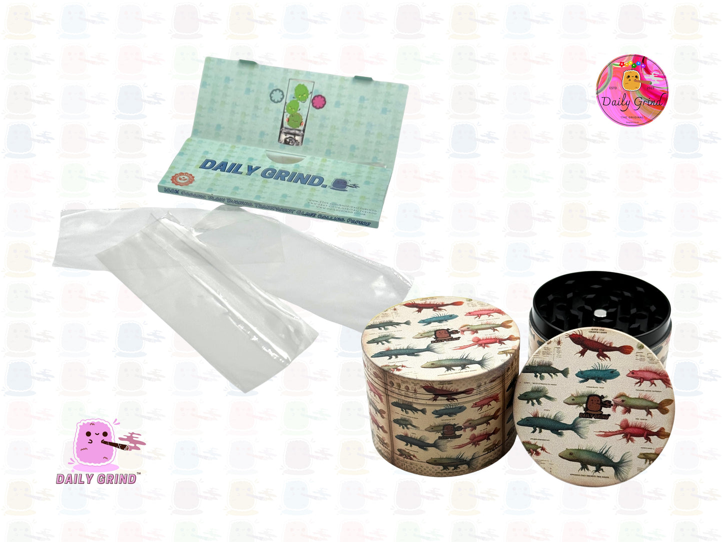 Fantasy Axolotl Vintage Species Chart - 50mm Premium 4-Piece Custom Metal Tobacco Herb Grinder Gift Idea