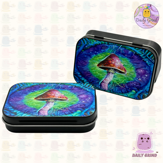 Lindo arte hongo púrpura verde hongo 1oz tabaco negro / píldora / bacy / alijo / monedas / cristales / joyería tapa con bisagra caja de lata regalo