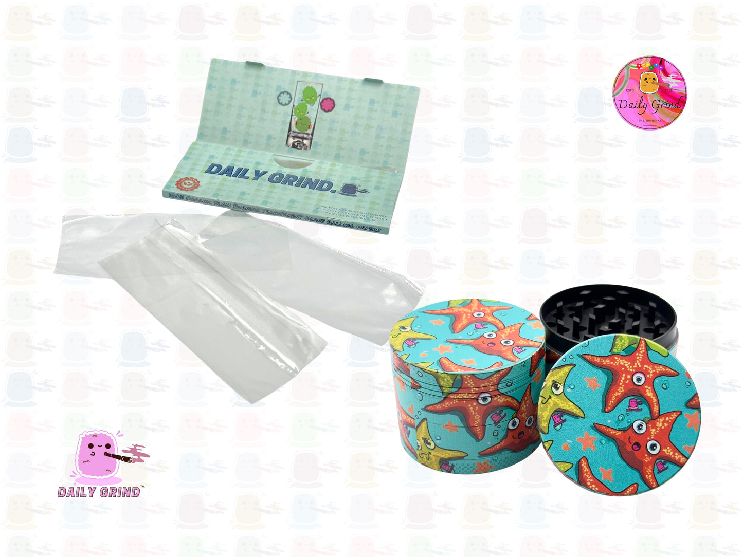 Cute Starfish Cartoon - 50mm Premium 4-Piece Custom Metal Tobacco Herb Grinder Gift Idea