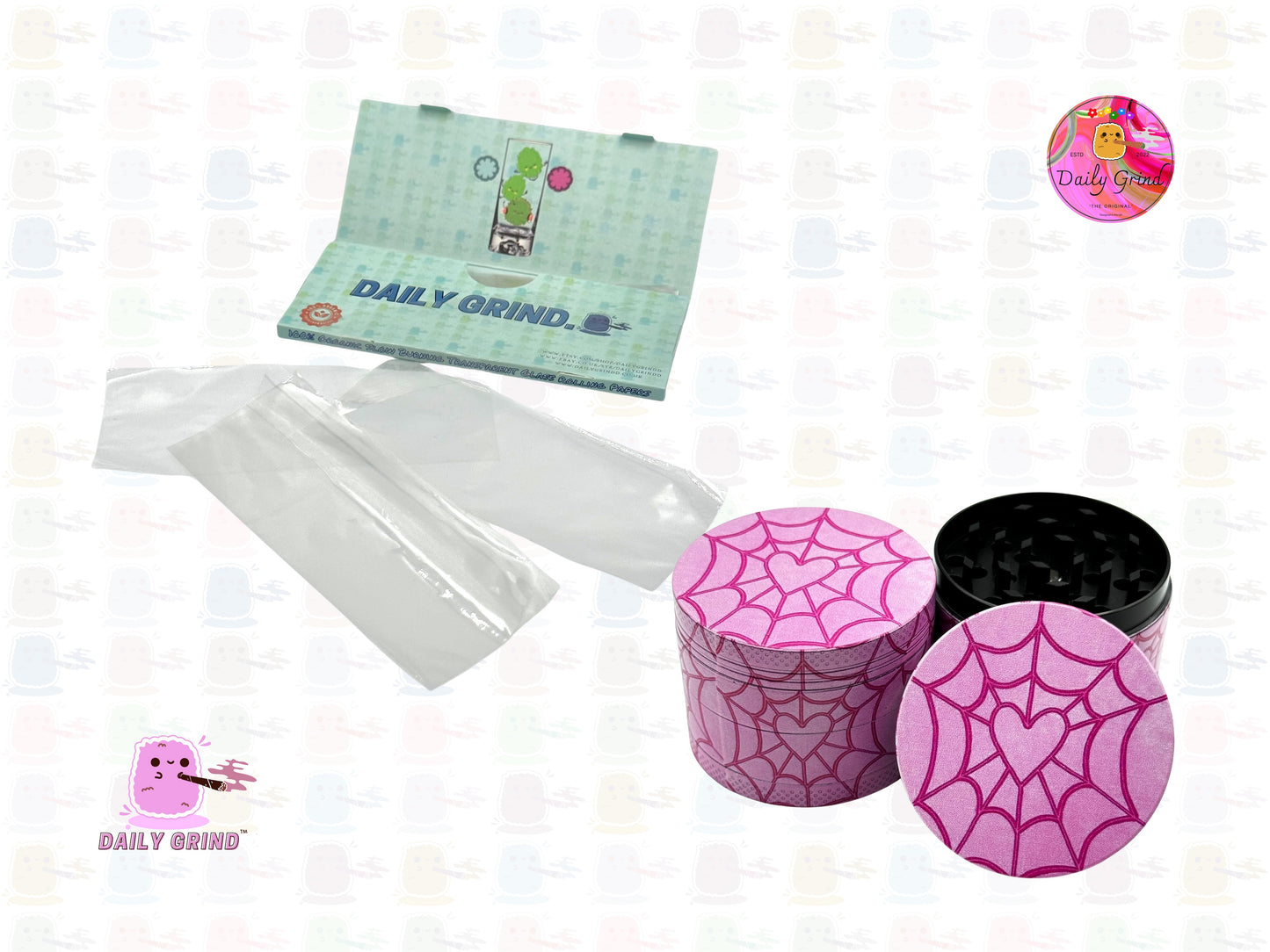 Cute Pink Spider Web Love Heart - 50mm Premium 4-Piece Custom Metal Tobacco Herb Grinder Gift Idea