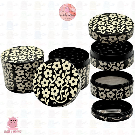Mono Floral Dark Black Pattern - 50mm 4-Piece High Quality Custom Metal Tobacco Herb Grinder Gift Idea