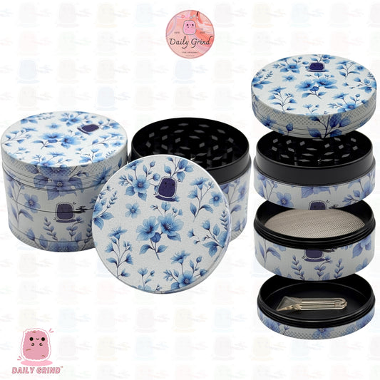 Fine White China Blue Floral Classic - 50mm Premium 4-Piece Custom Metal Tobacco Herb Grinder Cute Gift