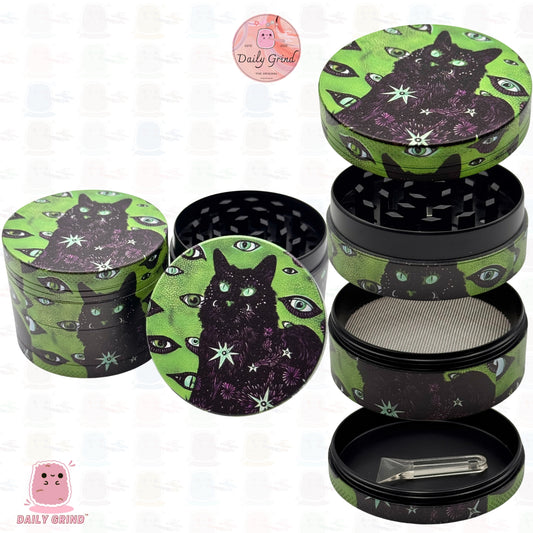 Witchy Black Cat Green Spooky - 50mm Premium 4-Piece Custom Metal Tobacco Herb Grinder Cute Gift