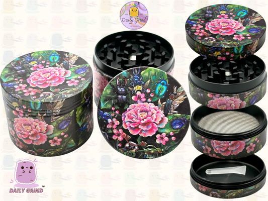 Cute Flowers and Rose - 50mm 4-Piece Premium Custom Metal Tobacco Herb Grinder Cute Gift Idea