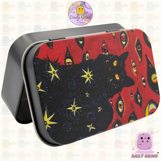 Spooky Black Cat Red - 1oz Metal Tin Funny Parody / Crystal / Jewellery / Coins / Bits & Pieces / Money / Make-Up 1oz Hinge Lid Metal Box Container - 9.5 x 6.2 x 2 cm - Witchy Gift
