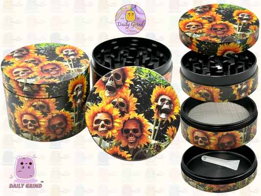 Sunflower Skull Flowers - 50mm 4-Piece Premium Custom Metal Tobacco Herb Grinder Cute Gift Idea