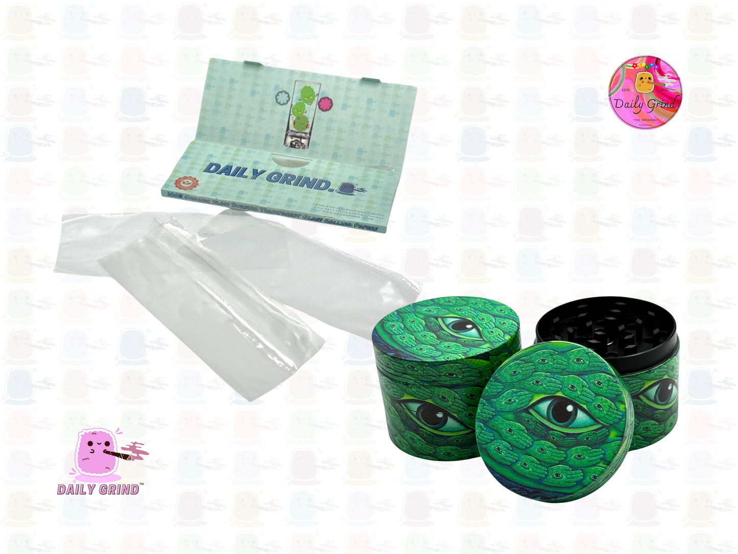 Green Feather Eye Hamsa Illusion - 50mm Premium 4-Piece Custom Metal Tobacco Herb Grinder Gift Idea