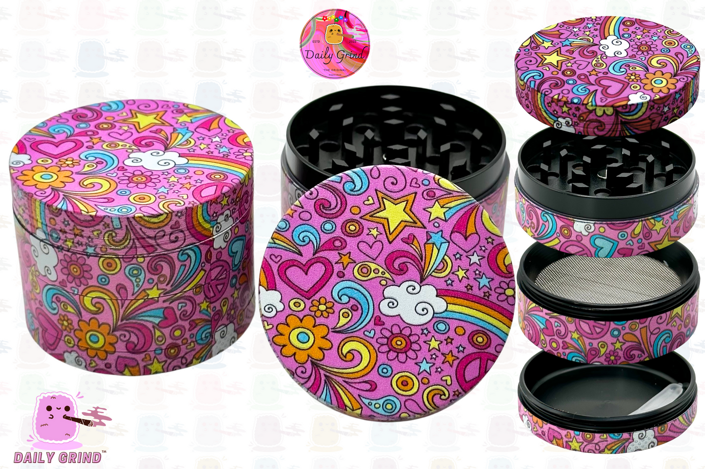 Preciosas chicas rosadas, bonitos corazones, estrellas, flores, diseño de arcoíris, molinillo de hierbas de metal personalizado de alta calidad, 50mm, 4 piezas, regalo