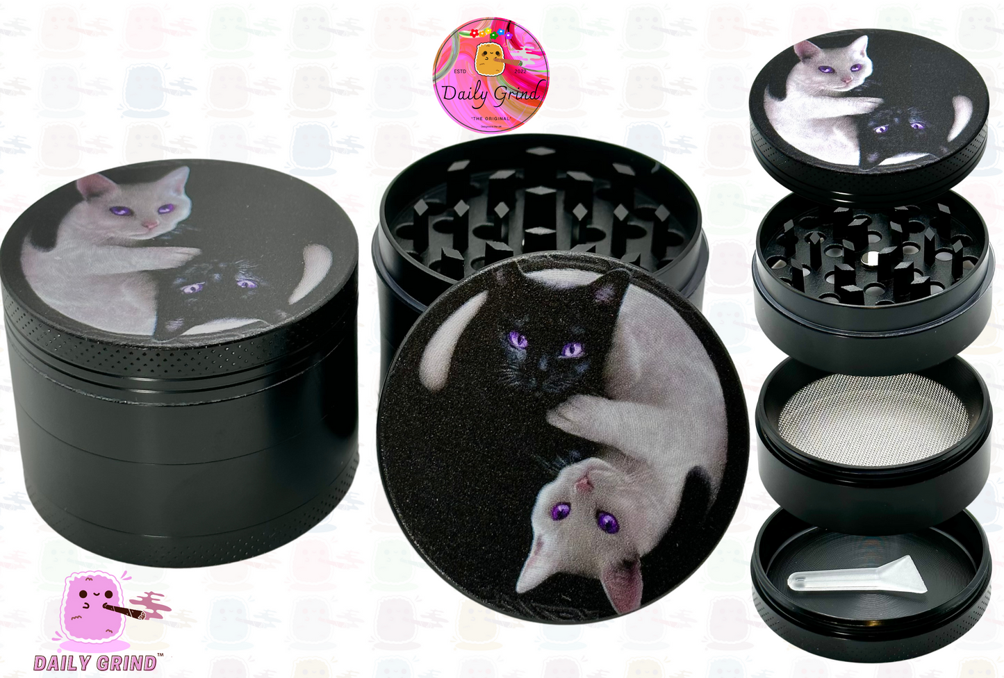 Kitty Yin Yang Cute Cat - Molinillo de hierbas de metal personalizado de alta calidad, 50 mm, 4 piezas, regalo