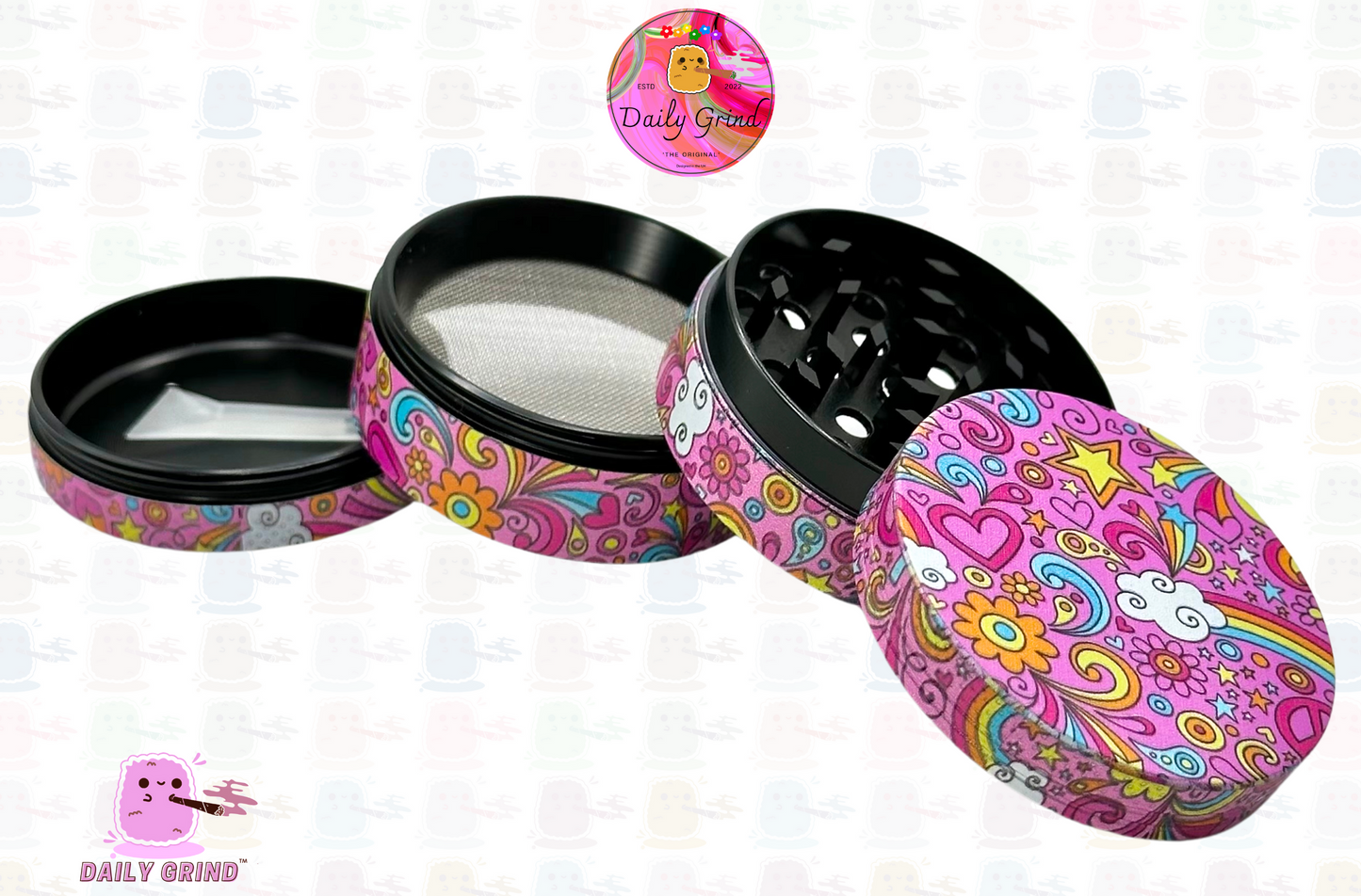 Preciosas chicas rosadas, bonitos corazones, estrellas, flores, diseño de arcoíris, molinillo de hierbas de metal personalizado de alta calidad, 50mm, 4 piezas, regalo