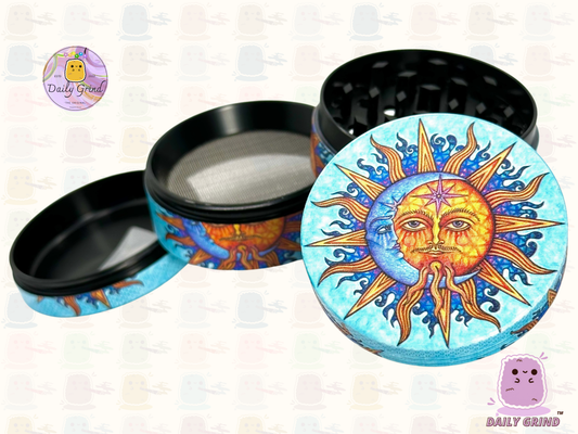 Sun & Moon Spiritual Blue - 50mm 4-Piece High Quality Custom Metal Tobacco Herb Grinder Gift Idea