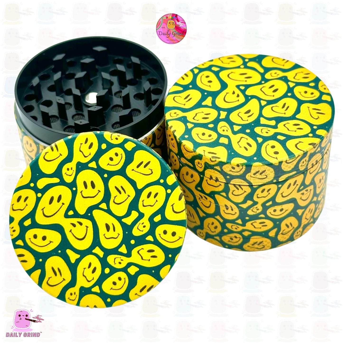 Molinillo de hierbas de metal personalizado de alta calidad con diseño divertido de caras sonrientes derretidas de 50 mm y 4 piezas