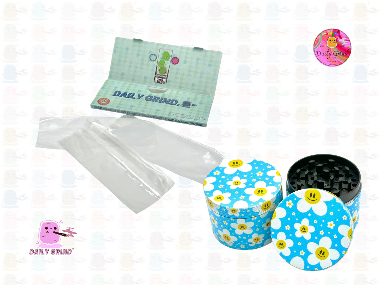 Cute Daisy Flowers Happy Design - 50mm 4-Piece High Quality Custom Metal Tobacco Herb Grinder Gift Idea