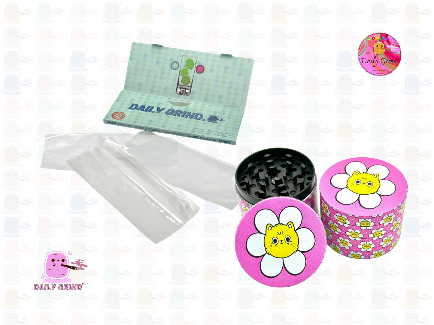 Kawaii Cat Flower Pink Daisy - 50mm 4-Piece High Quality Custom Metal Tobacco Herb Grinder Gift Idea