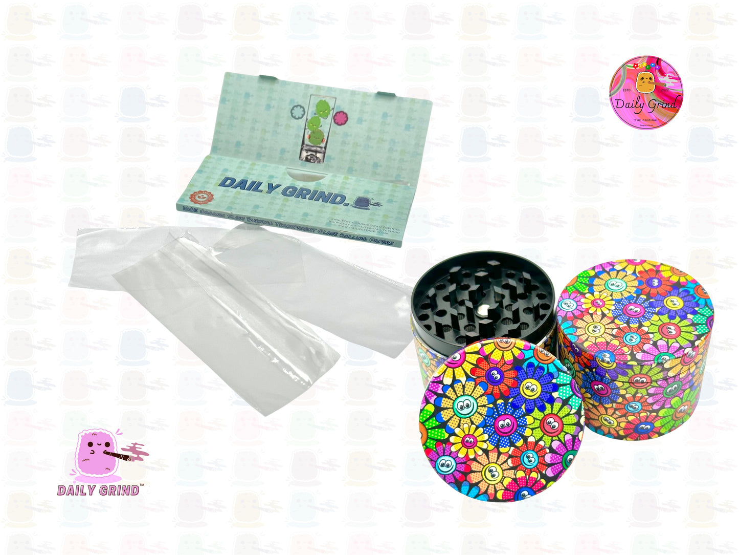 Cute Colourful Flower Faces 60's Retro Vintage - 50mm 4-Piece High Quality Custom Metal Tobacco Herb Grinder Gift Idea