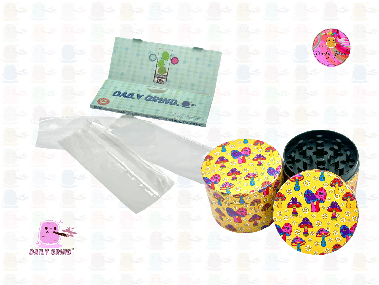 Cute Friendly Mushrooms - 50mm 4-Piece High Quality Custom Metal Tobacco Herb Grinder Gift Idea