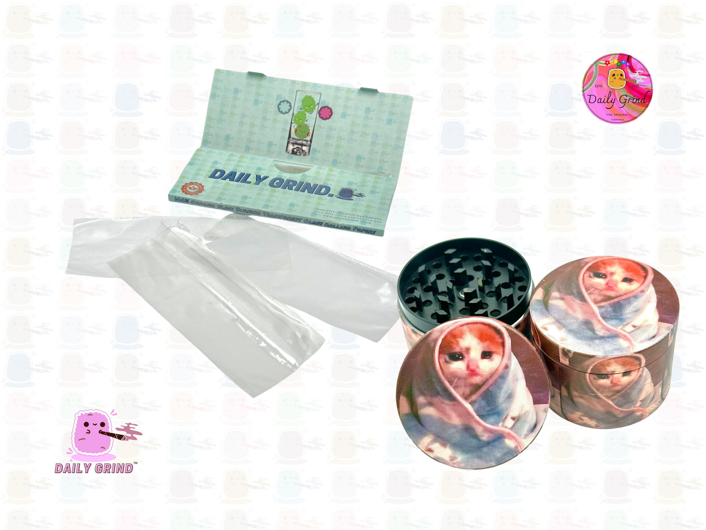 Sad Kitty Wrapped in Blanket Cute Funny Kawaii - 50mm 4-Piece High Quality Custom Metal Tobacco Herb Grinder Gift Idea