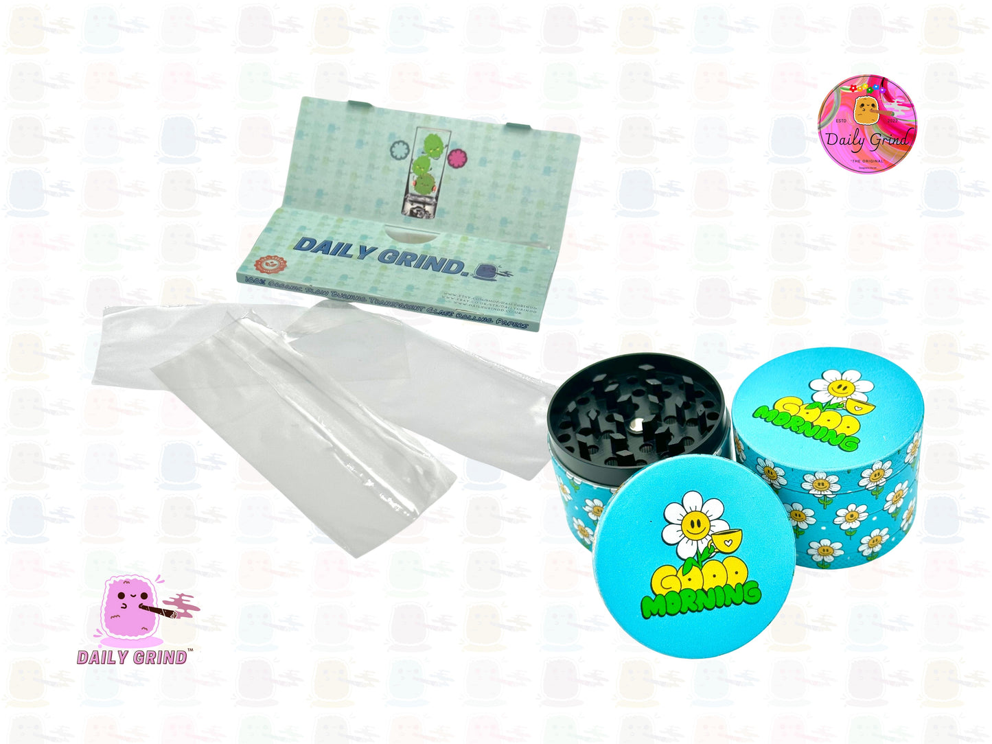 Good Morning Coffee Cute Happy Flower - 50mm 4-Piece High Quality Custom Metal Tobacco Herb Grinder Gift Idea