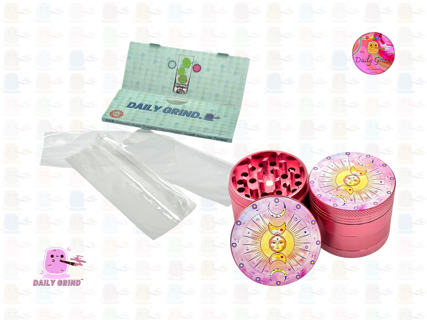 Sun & Moon Pink Aluminium Astrology - 50mm 4-Piece High Quality Custom Tobacco Herb Grinder Gift Idea