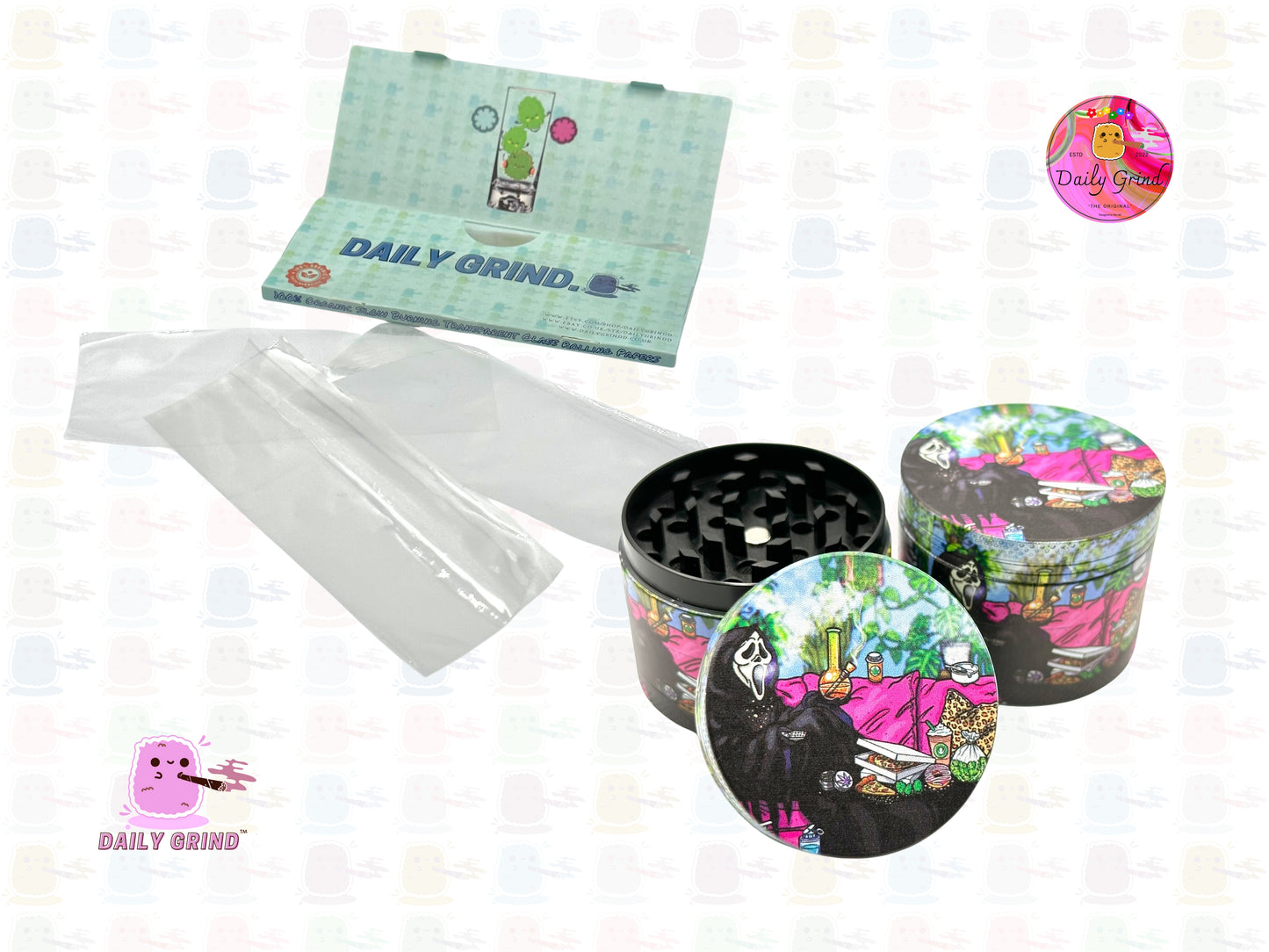 Death Chilling with Pizza - 50mm 4-Piece Premium Custom Metal Tobacco Herb Grinder Cute Gift Idea