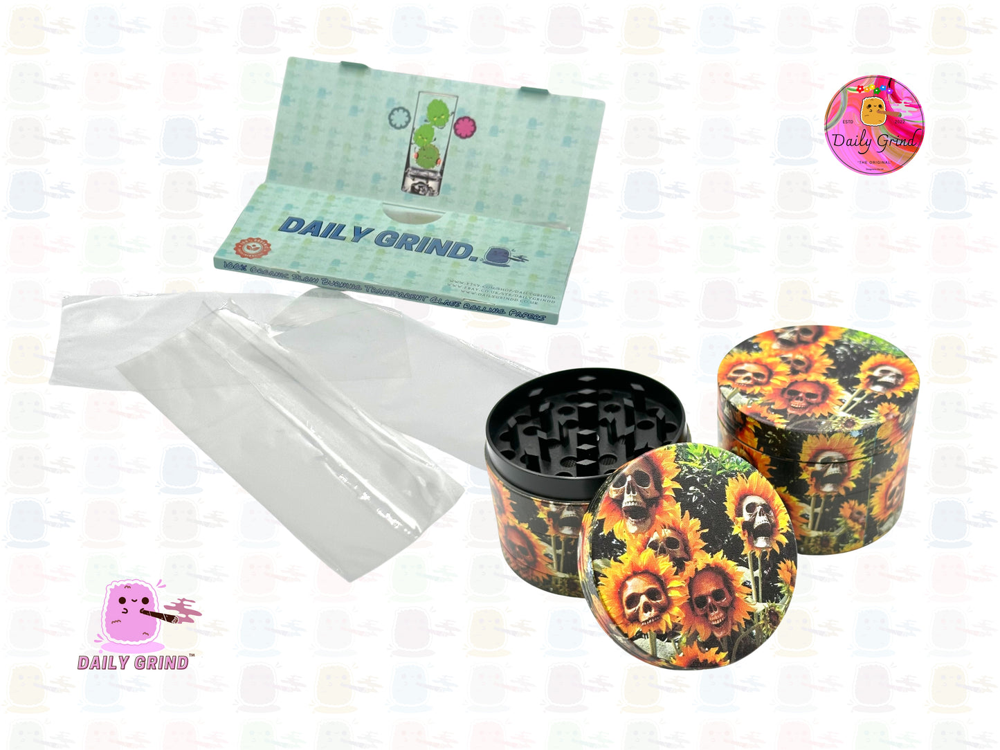 Sunflower Skull Flowers - 50mm 4-Piece Premium Custom Metal Tobacco Herb Grinder Cute Gift Idea