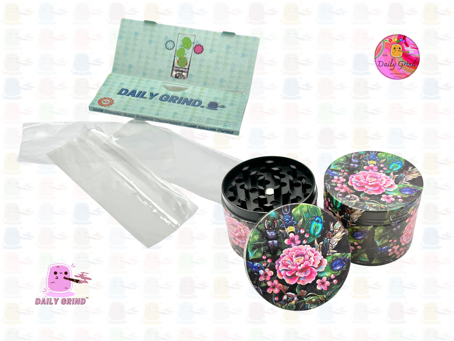 Cute Flowers and Rose - 50mm 4-Piece Premium Custom Metal Tobacco Herb Grinder Cute Gift Idea