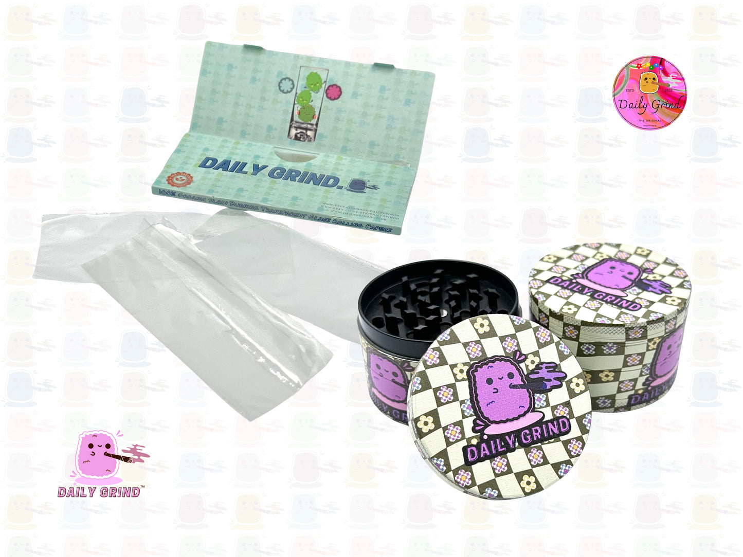 Daily Grind™ Checkered Logo - 63mm 4-Piece Premium Custom Metal Tobacco Herb Grinder Cute Gift Idea