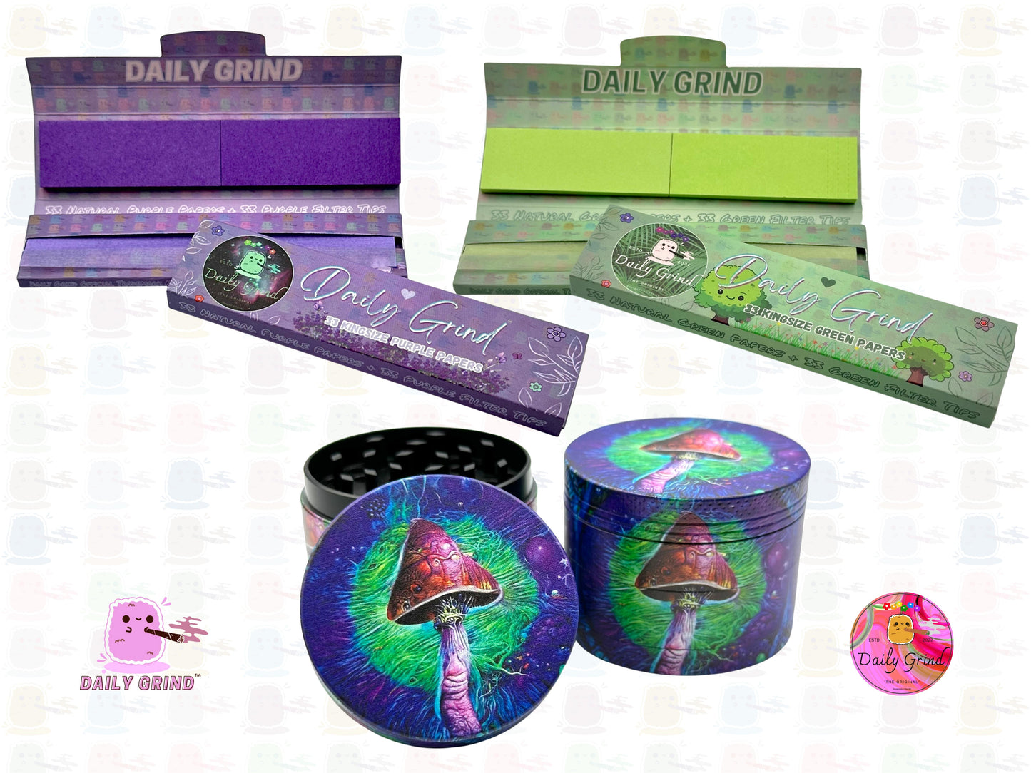 Mushroom Cute Art Verde y Púrpura 50mm 4 Piezas Regalo de Molinillo de Hierbas de Metal Personalizado de Alta Calidad