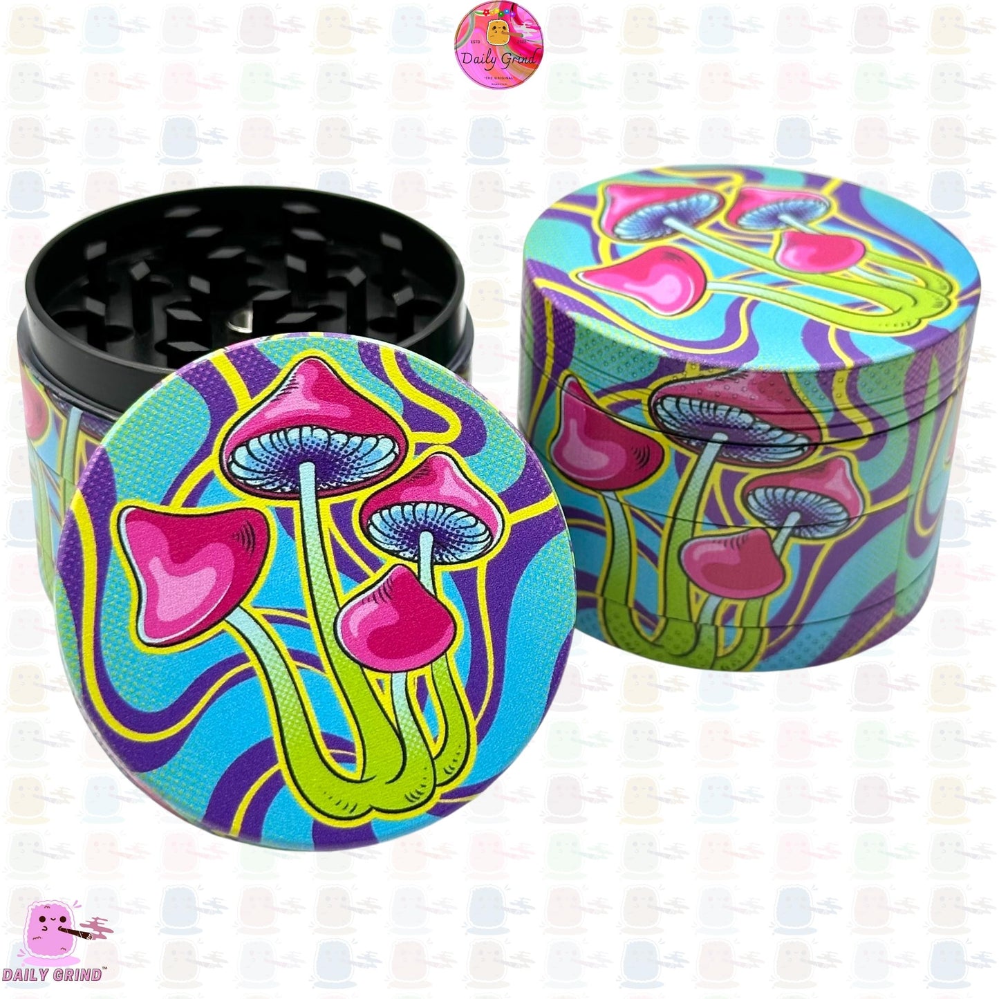Mushroom Neon Tie Dye Lindo Trippy 50 mm 4 piezas Regalo de molinillo de hierbas de metal personalizado de alta calidad