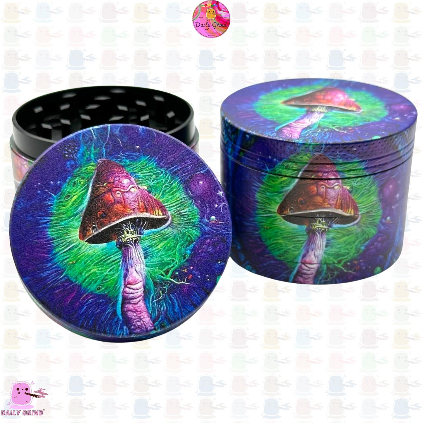 Mushroom Cute Art Verde y Púrpura 50mm 4 Piezas Regalo de Molinillo de Hierbas de Metal Personalizado de Alta Calidad