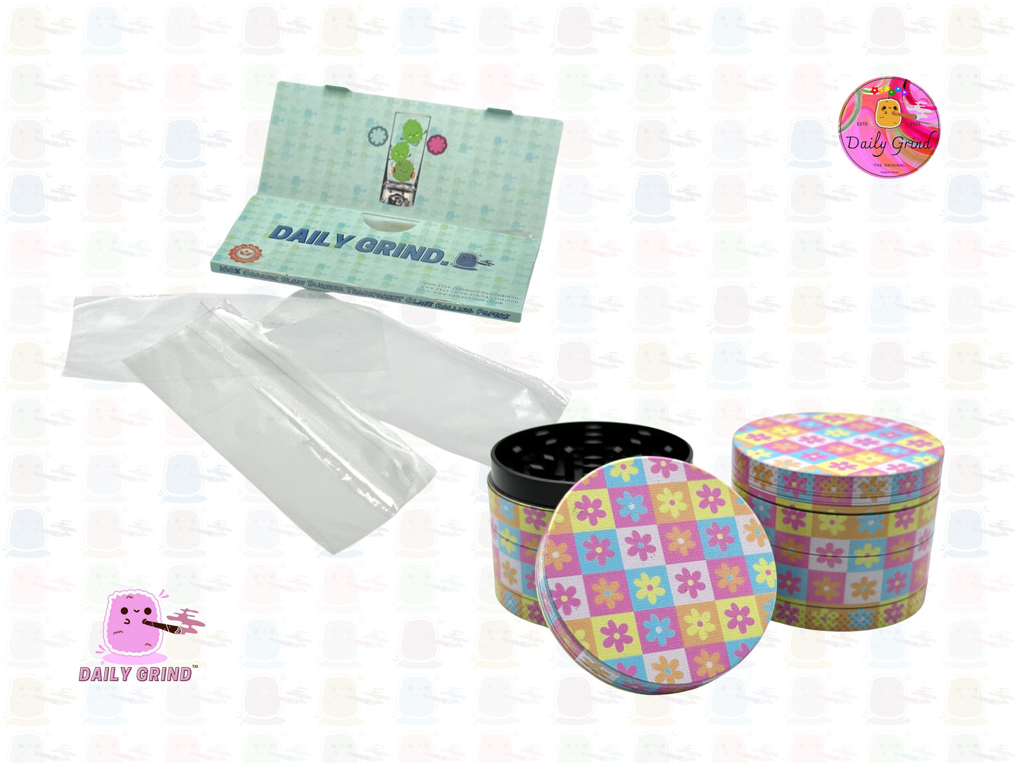 Cute Floral Check Board Pastel Colours - 50mm 4-Piece High Quality Custom Metal Tobacco Herb Grinder Gift Idea