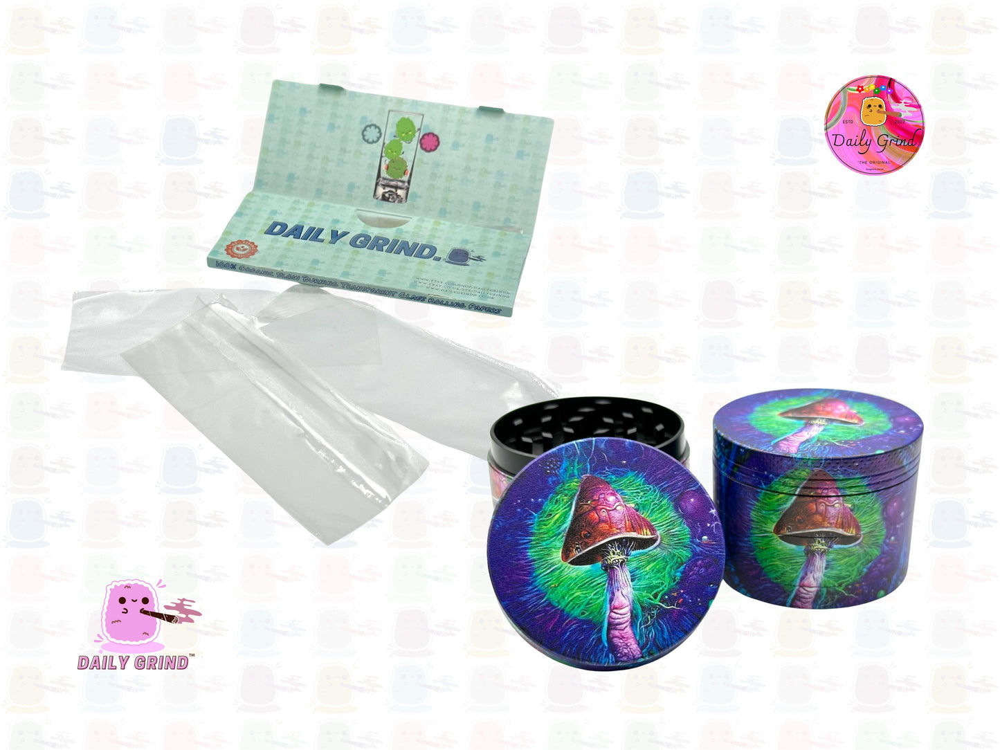 Mushroom Cute Art Verde y Púrpura 50mm 4 Piezas Regalo de Molinillo de Hierbas de Metal Personalizado de Alta Calidad