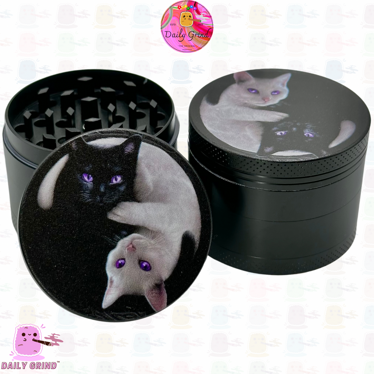 Kitty Yin Yang Cute Cat - Molinillo de hierbas de metal personalizado de alta calidad, 50 mm, 4 piezas, regalo