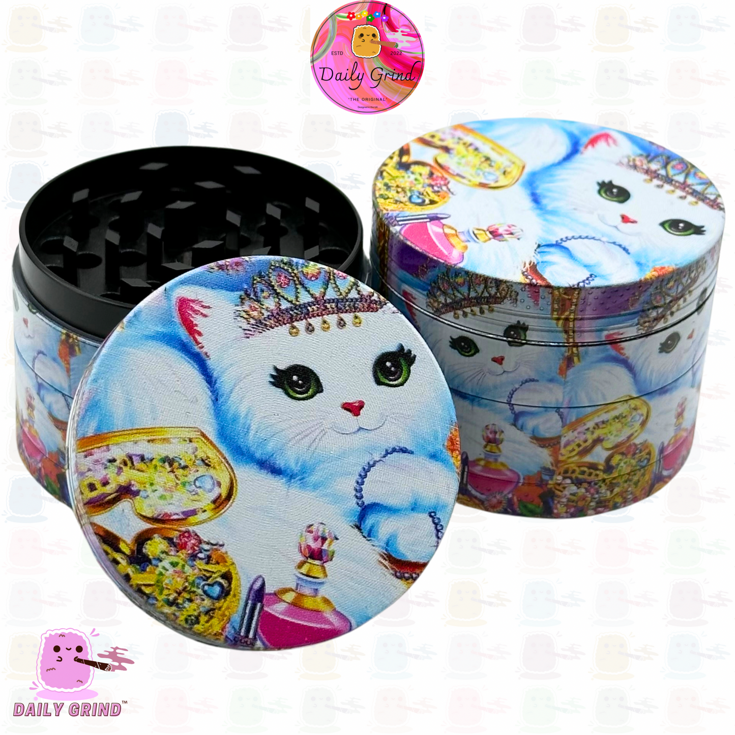 Lindo gatito rodeado de joyas estilo artístico rosa - Molinillo de hierbas de metal de alta calidad de 50 mm, 4 piezas, regalo