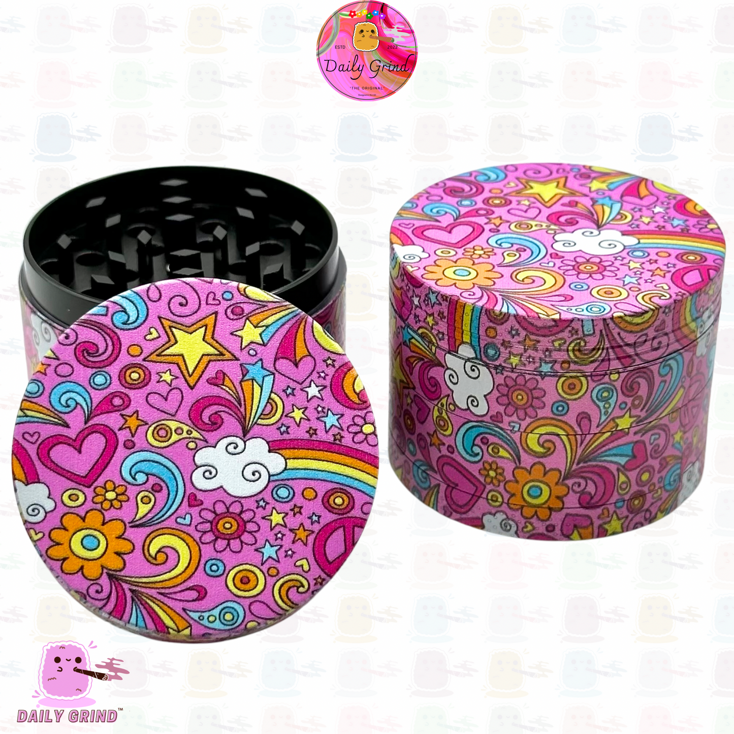 Preciosas chicas rosadas, bonitos corazones, estrellas, flores, diseño de arcoíris, molinillo de hierbas de metal personalizado de alta calidad, 50mm, 4 piezas, regalo