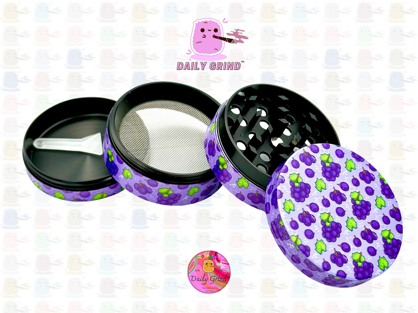 Caramelo de fruta de uva morada, dibujos animados coloridos, sabor a fruta jugosa, diseño bonito, molinillo de hierbas de Metal de alta calidad de 50mm, 4 piezas, regalo