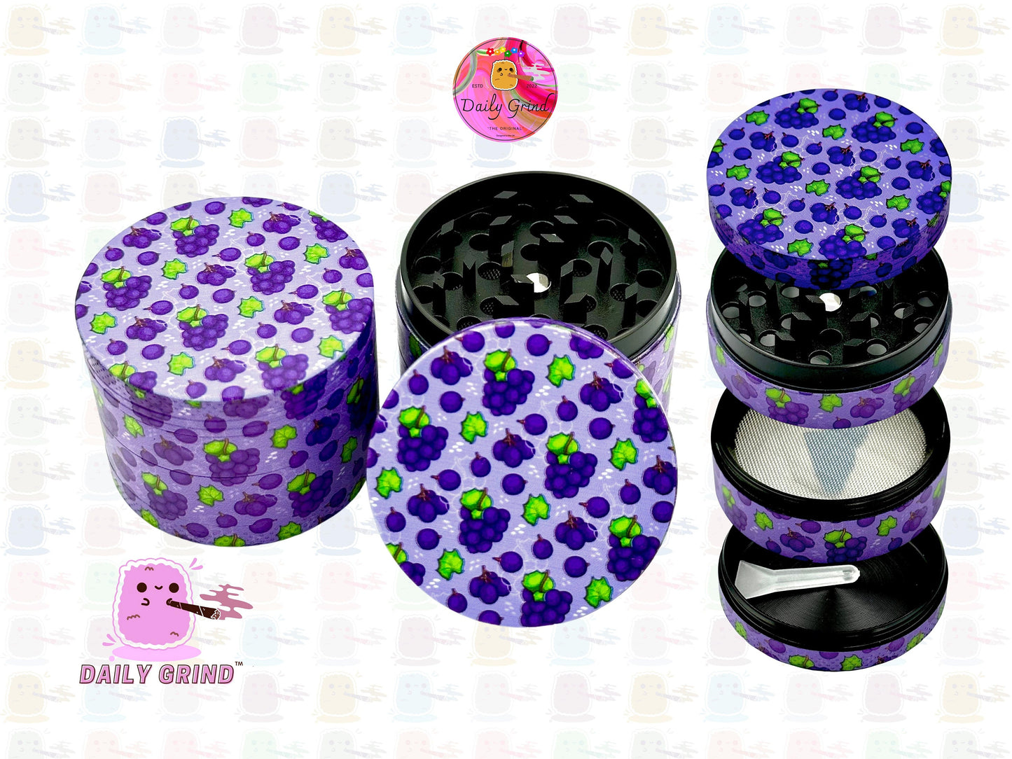 Caramelo de fruta de uva morada, dibujos animados coloridos, sabor a fruta jugosa, diseño bonito, molinillo de hierbas de Metal de alta calidad de 50mm, 4 piezas, regalo