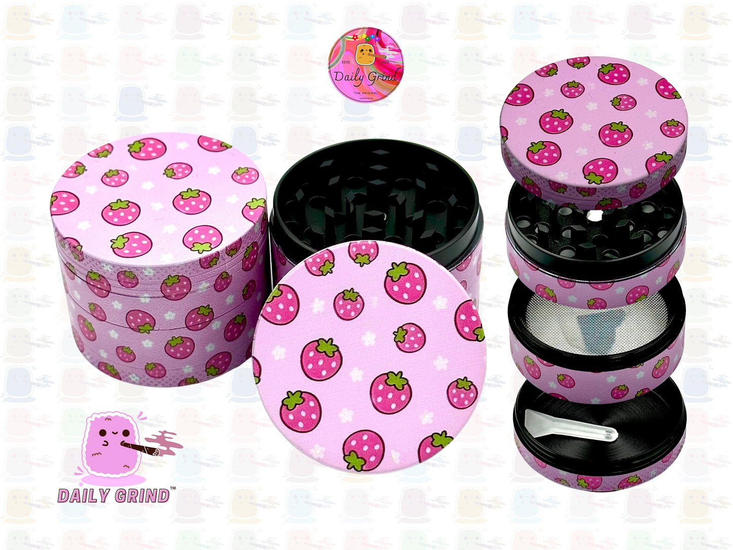 Fresas Kawaii Estilo japonés Kawaii Fruta jugosa linda - 50 mm 4 piezas Regalo de molinillo de hierbas de metal personalizado de alta calidad