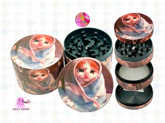 Sad Kitty Wrapped in Blanket Cute Funny Kawaii - 50mm 4-Piece High Quality Custom Metal Tobacco Herb Grinder Gift Idea