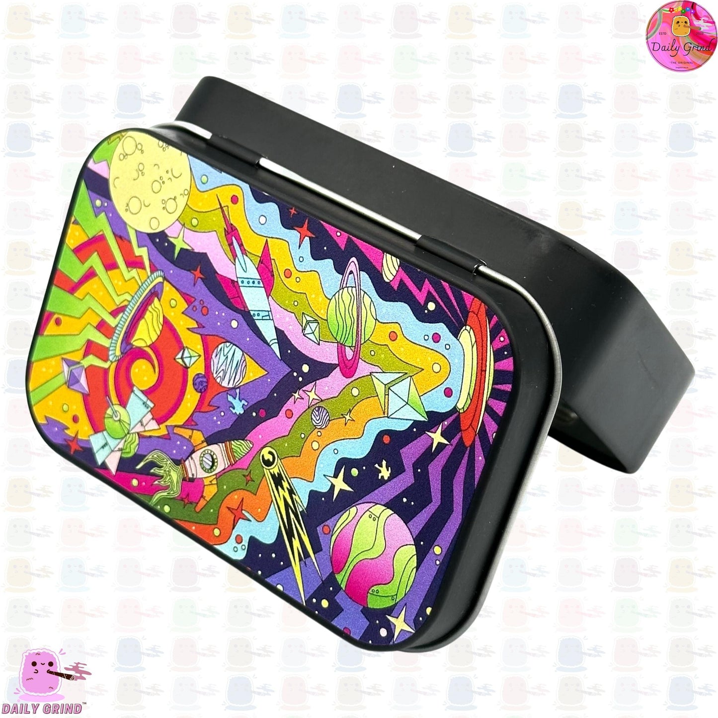 UFO Crazy Colorful Alien Abduction Cartoon 2oz Negro Tabaco / Píldora / Baccy / Stash / Monedas Cristales Joyería Bisagra Tapa Lata Regalo