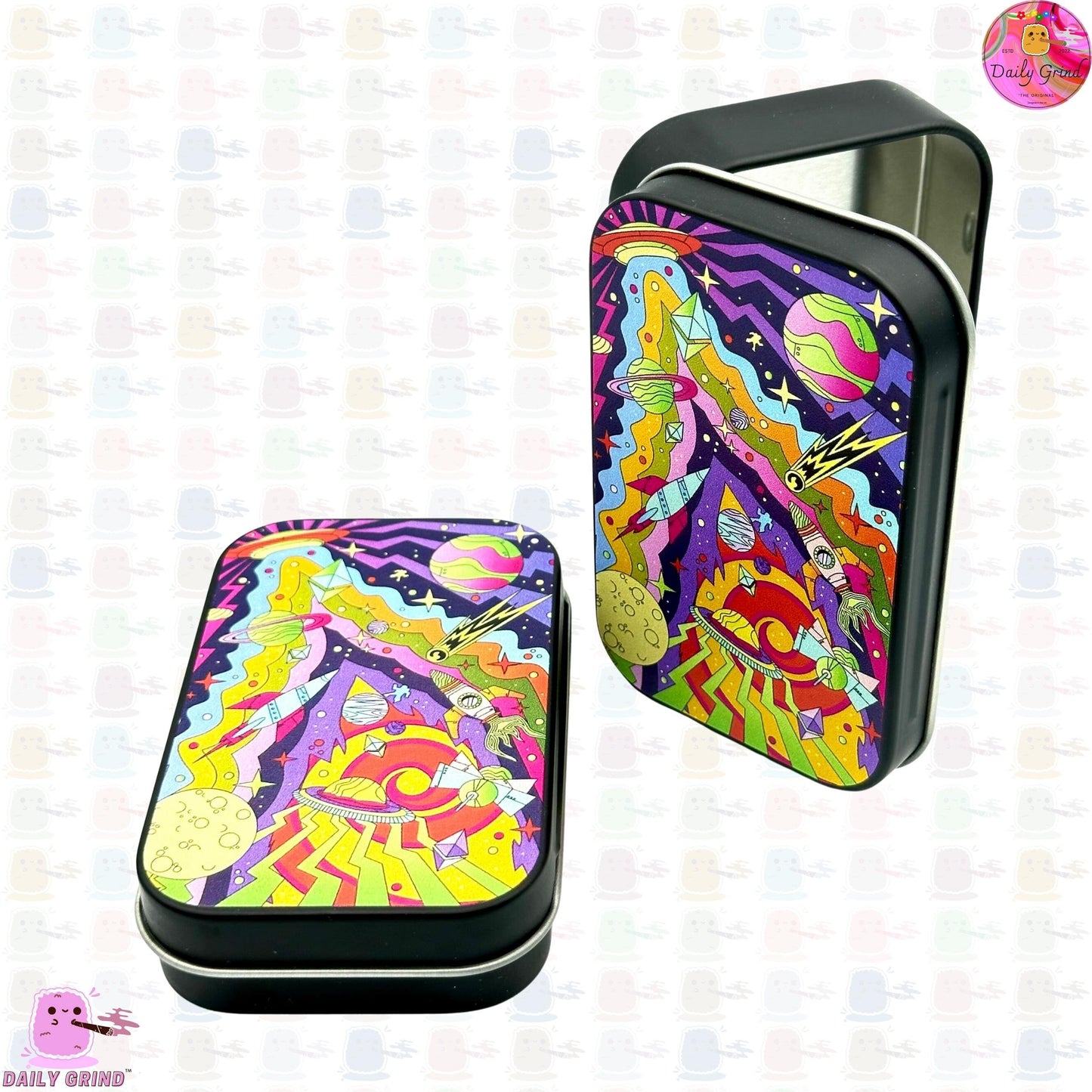 UFO Crazy Colorful Alien Abduction Cartoon 2oz Negro Tabaco / Píldora / Baccy / Stash / Monedas Cristales Joyería Bisagra Tapa Lata Regalo