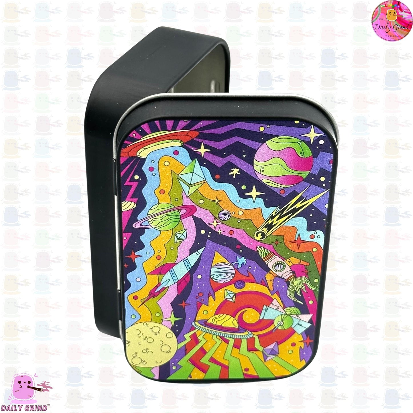 UFO Crazy Colorful Alien Abduction Cartoon 2oz Negro Tabaco / Píldora / Baccy / Stash / Monedas Cristales Joyería Bisagra Tapa Lata Regalo